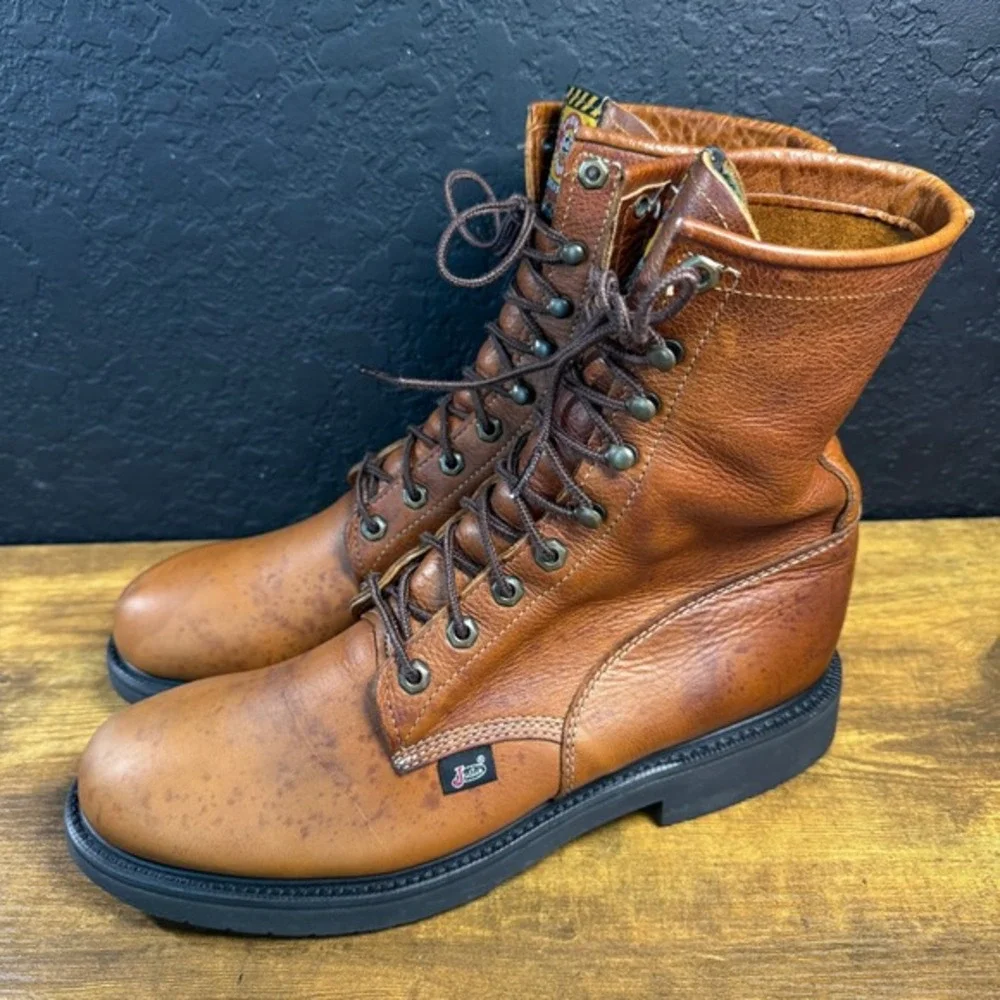 Justin Original Workboots 760 Tan Leather Lace‎ Up Work Boots Mens 12D